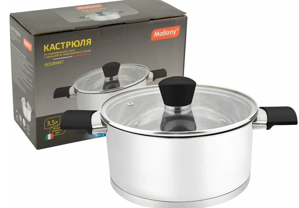 Кастрюля Mallony Gourmet,объем 3,5 л,из нержавеющей стали с крышкой из жаропрочного стекла,ручки с силиконом