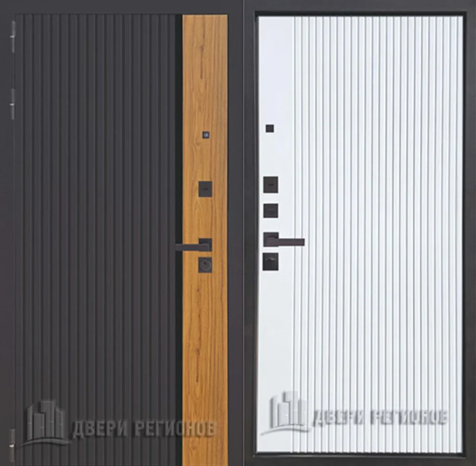 Дверь мет. REGIDOORS Страж К-14 (3К YoDoors-14) 960х2050 "Пр" Черная шагрень, Вставка Орех каньон коньяк /Bianco AG 700