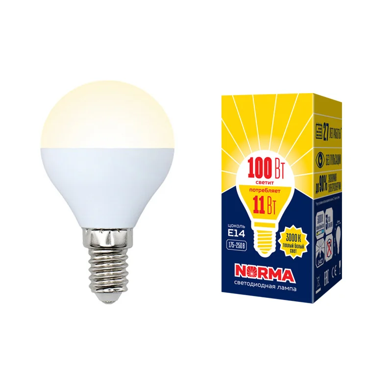 Лампа светодиодная 11W E14 220V 3000К 900Лм( теплый белый) Шарик матовый (G45) Volpe Norma