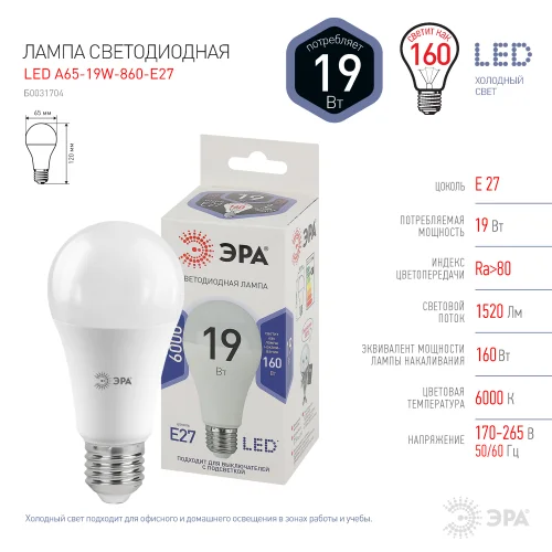 Лампа светодиодная 19W E27 220V 6000K 1520Лм (белый) Шар ЭРА, LED A65-19W-860-E27