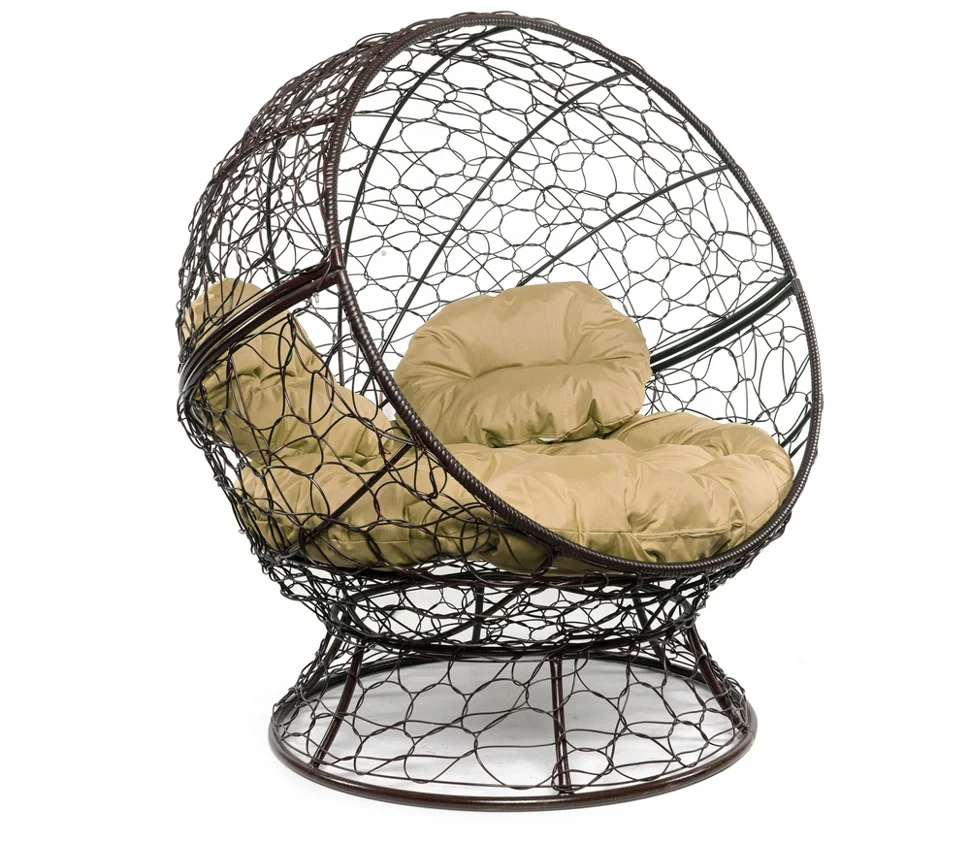 Кресло АПЕЛЬСИН с ротангом коричневое, бежевая подушка