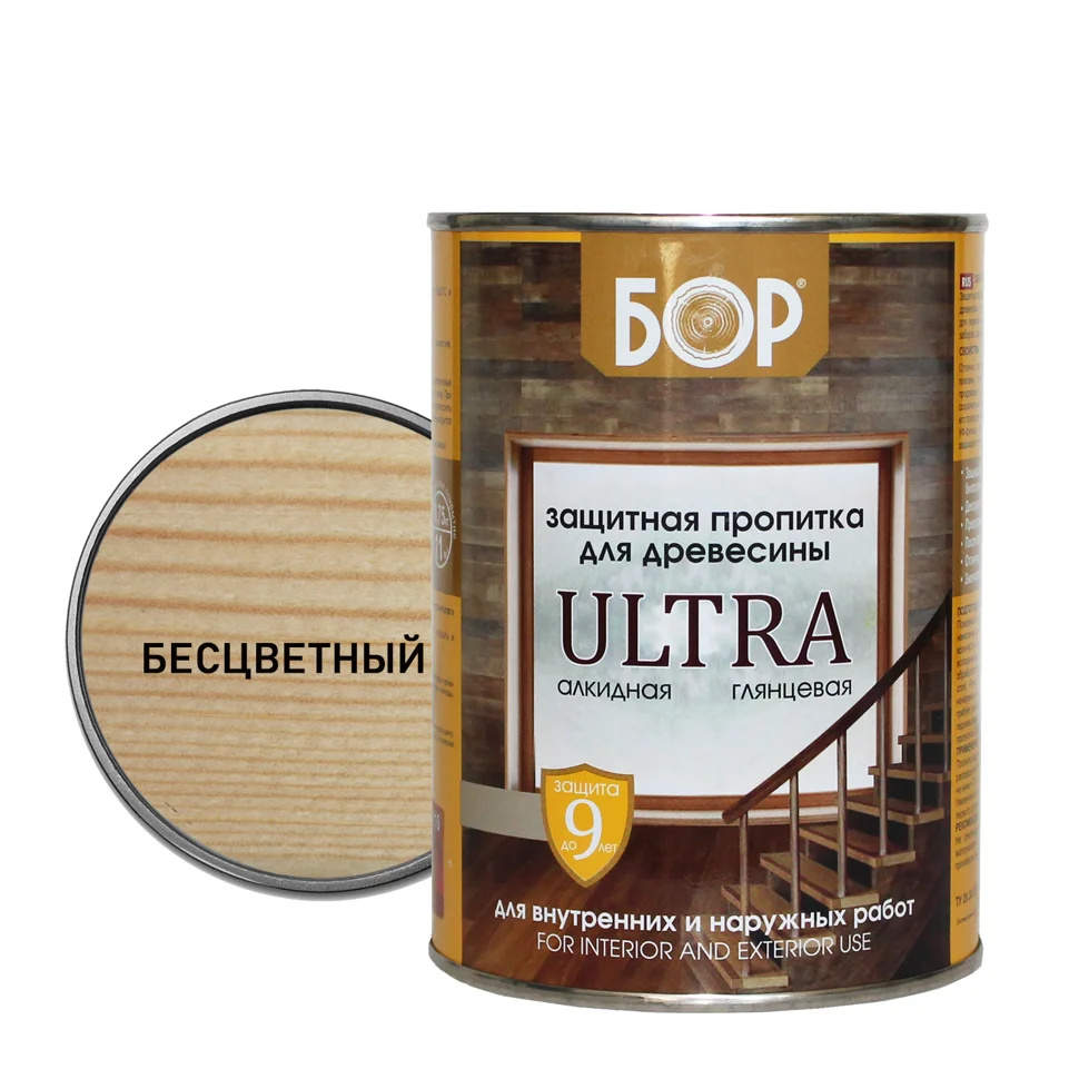Пропитка защитная БОР ULTRA тонирующая алкидная глянцевая БЕСЦВЕТНАЯ 0,75кг