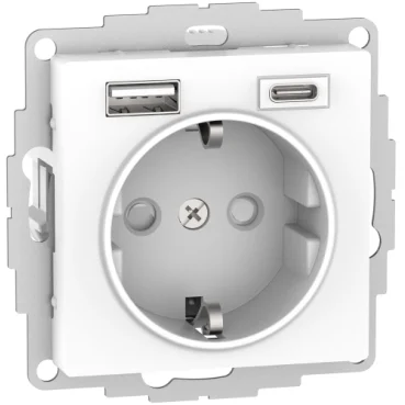 Механизм розетки 3-м СП AtlasDesign 16А IP20 с 2-мя заряд. устройствами USB A+C сталь Schneider Electric ATN000932