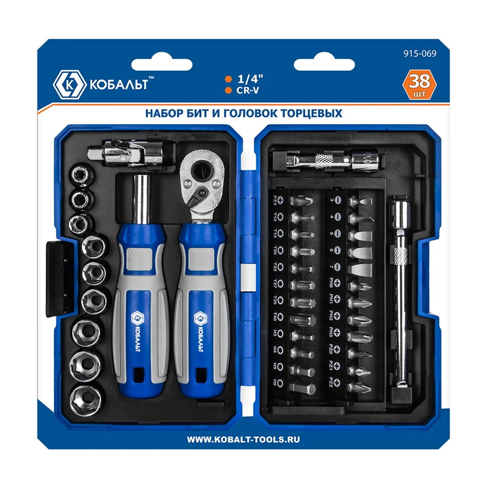 Набор бит и головок с трещоткой КОБАЛЬТ 38 пр.,CR-V (24 биты, 9 головок, трещотка, отв. рук., 2 удл., шарнир), кейс+блистер