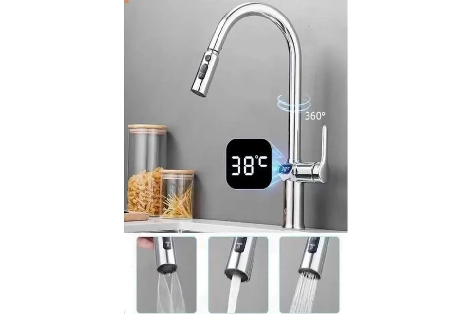 Смеситель ESKO K15 LED для кухни вытяжной с дисплеем, хром