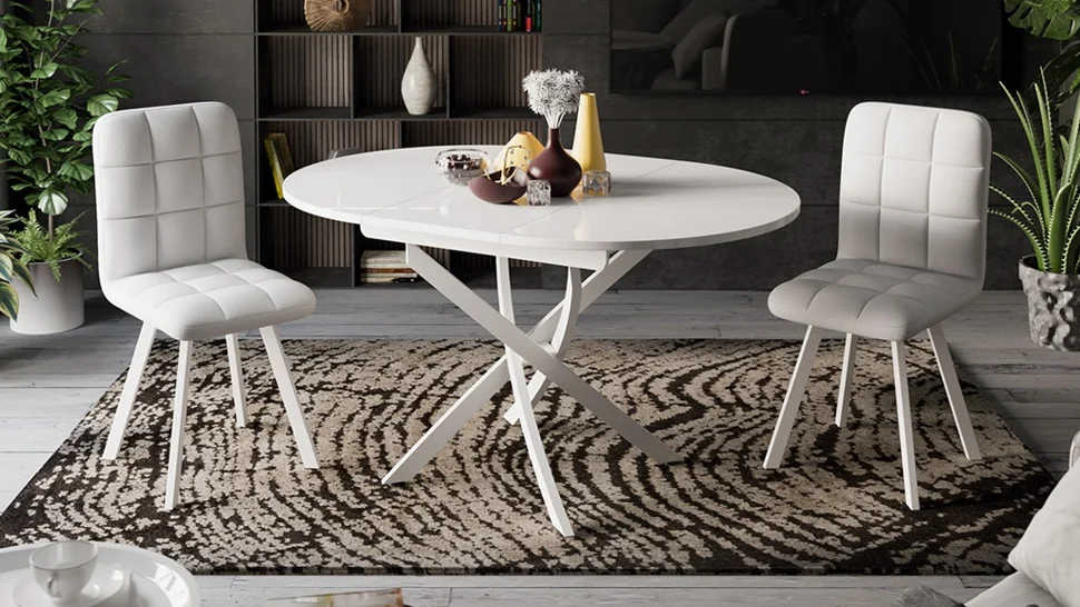 Стол обеденный Diamond Тип 3 1000*(1380)*1000*75 (Белый муар, Белый глянец)