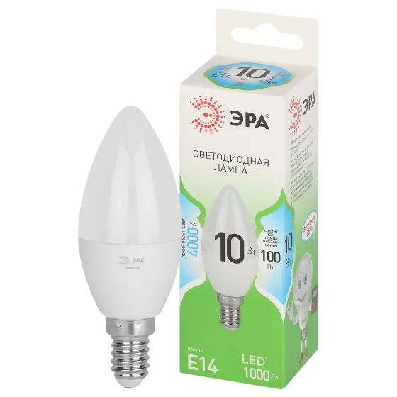 Лампа светодиодная 10W E14 220V 4000К 1000Лм (белый) Свеча (B35) ЭРА, GREEN LINE LED B35-10W-840-E14 GL