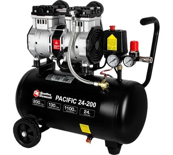 Компрессор поршневой безмасляный QUATTRO ELEMENTI PACIFIC-24 (160 л/мин, 24л, 1,2 л.с, 8 бар, 19кг, малошумный) (без упаковки)
