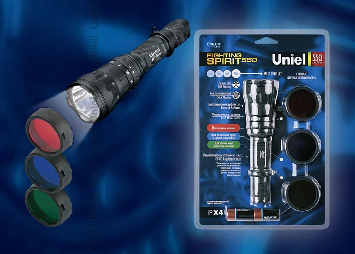 Фонарь ручной Uniel Премиум &#171;fighting spirit-550 max&#187;, алюминиевый корпус, MC-E CREE LED, 2 х CR123A, черный, P-ML076-BB Black