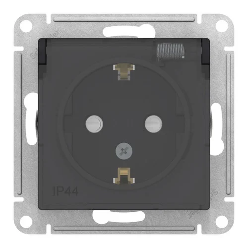 Механизм розетки 1-м СП AtlasDesign Aqua 16А IP44 с заземл. защ. шторки с прозр. крышкой карбон Schneider Electric ATN441046