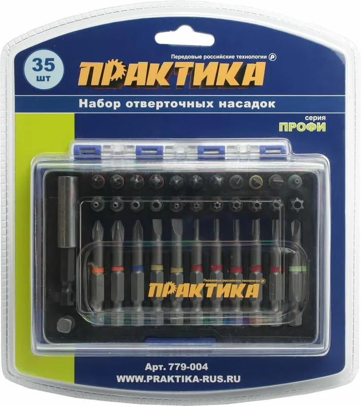 Набор бит 35шт, 25 и 50мм, PH, PZ, SL, Hex, Torx, Tri-Wing, держатель 60 мм, кассета, "Профи" ПРАКТИКА