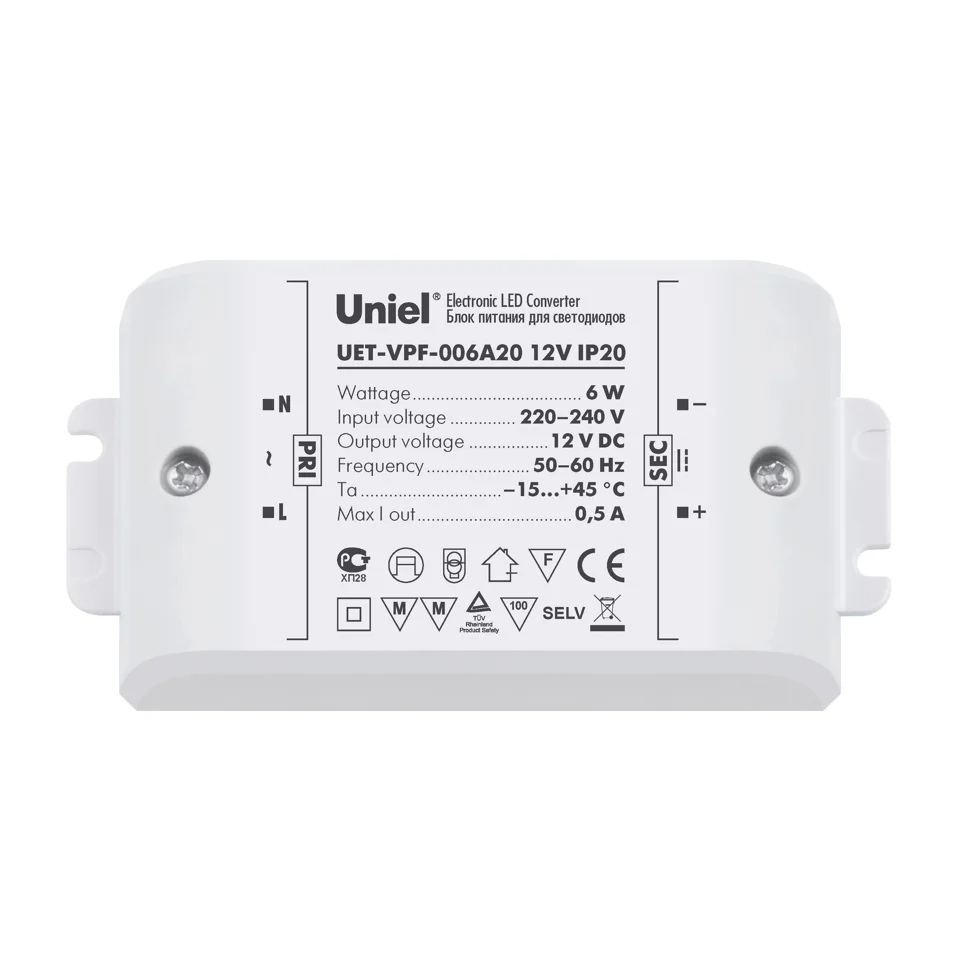 Блок питания 6 Вт, 12В, IP20, Uniel UET-VPF-006A20