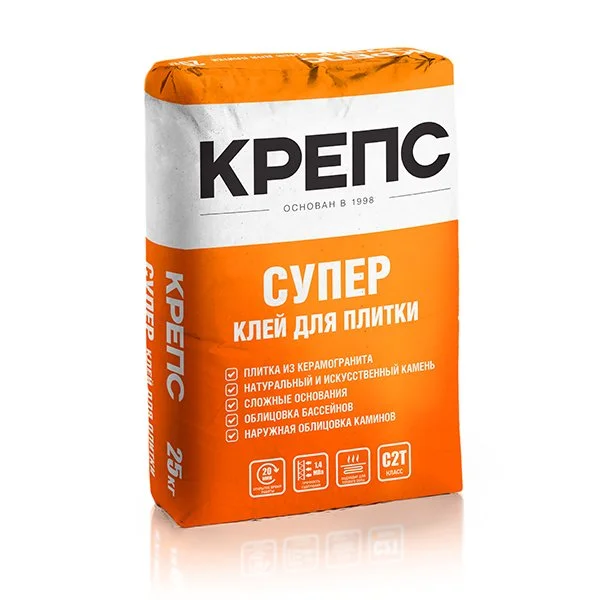 Клей плиточный КРЕПС СУПЕР для керамической, керамогранитной и клинкерной плитки 25 кг / класс С2 Т