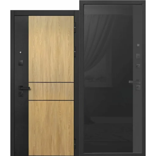 Дверь мет. FERRONI Smart 2 ЧЕРНОЕ стекло 960х2050 "Пр" МДФ сатин черный, дуб мадейра янтарь/сатин черный (электронный замок)