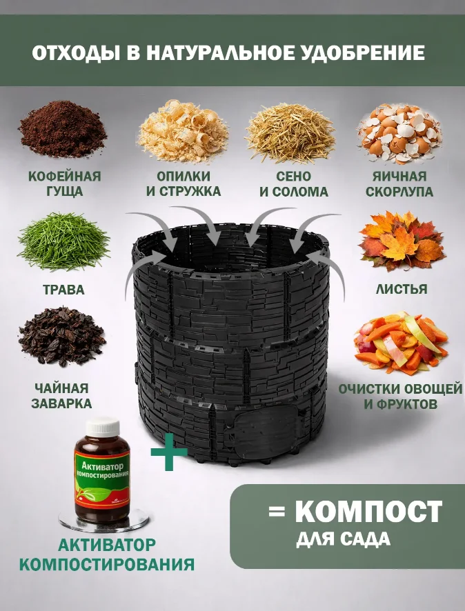 Компостер садовый «Бастион» усиленный, черный (люк черный) с серой крышкой, 1210 л