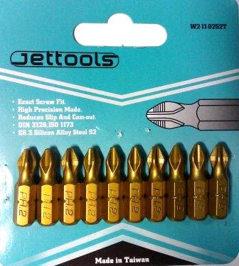 Биты магнитные PH2-25мм проффессиональные Jettools титановое покрытие,S2, 10 шт