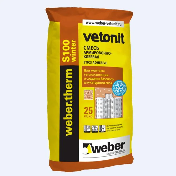 Штукатурно-клеевая смесь WEBER.THERM S100 WINTER для монтажа теплоизоляции и создания базового штукатурного слоя 25 кг (до -10 С)