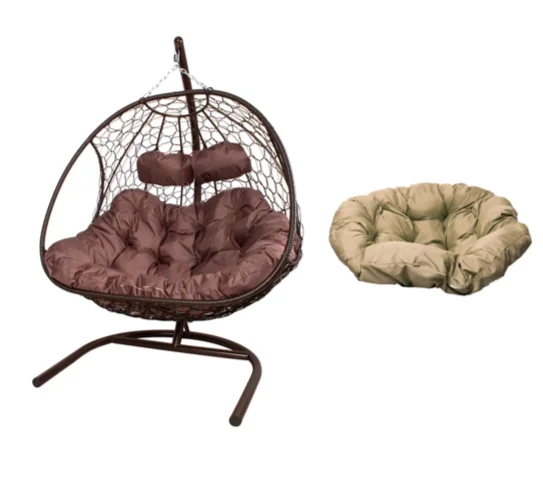 Подвесное кресло ДОБРЫНЯ с ротангом коричневое, бежевая подушка