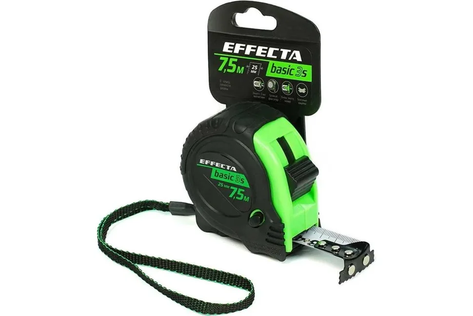 Рулетка 7,5м*25мм EFFECTA Basic 3S, с магнитом, 3 стопа
