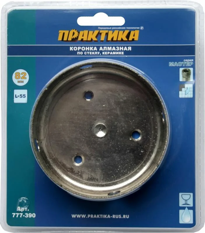Коронка алмазная по стеклу и керамике D=82 мм, ПРАКТИКА "Мастер", блистер
