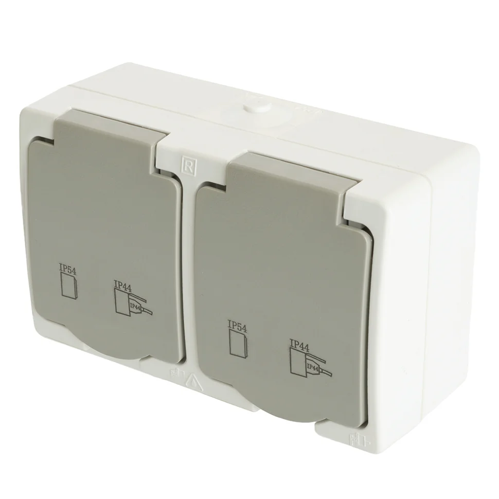 Розетка 2-местная ОП Велена 250В, 16А, IP54 с заземлением и крышкой, белый/серый, арт.PST16-22-54 STEKKER