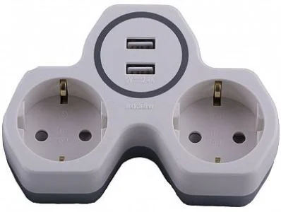 Тройник 2 гнезда, с зазeмлением и двумя USB выходами на 2,4А, 250V,16A, белый/серый (ADP16-14-20) Feron