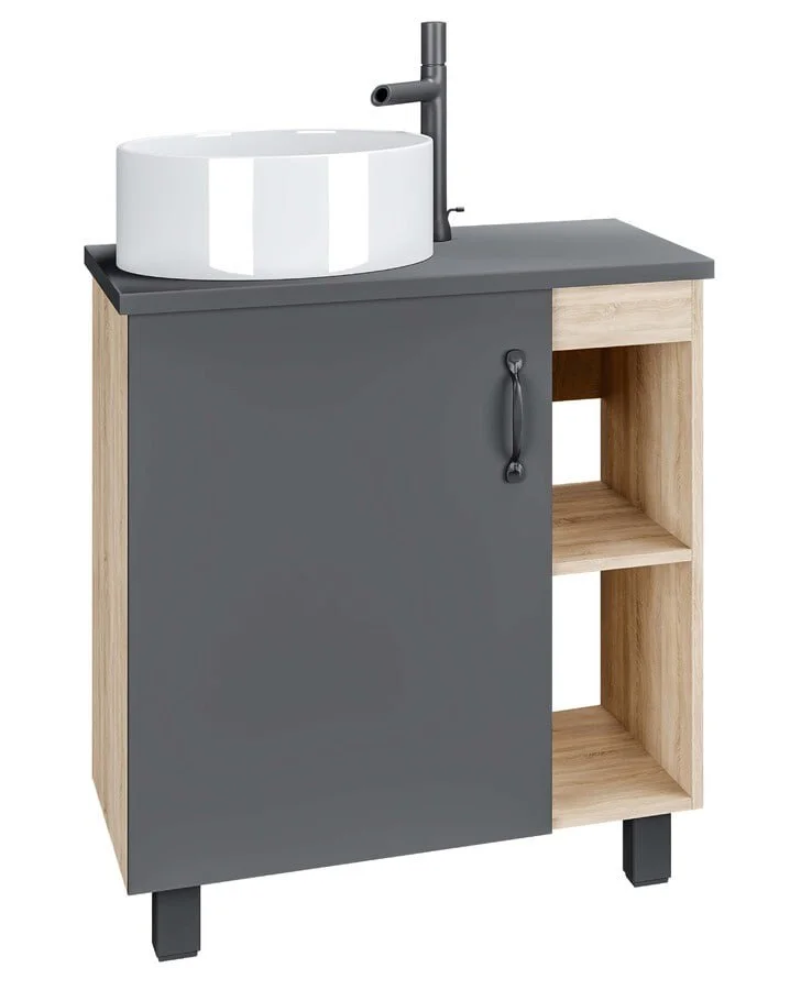 Комплект GROSSMAN: тумба Флай 70 дуб сонома/серая со столешницей МДФ Флай 70 серая и умывальником накладным D-410 Комплект GROSSMAN: тумба Флай 70 дуб сонома/серая со столешницей МДФ Флай 70 серая и умывальником накладным D-410