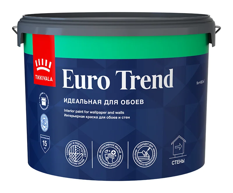 Краска ВД интерьерная для обоев и стен матовая Tikkivala (Tikkurila) EURO TREND База А 9л Краска ВД интерьерная для обоев и стен матовая Tikkivala (Tikkurila) EURO TREND База А 9л
