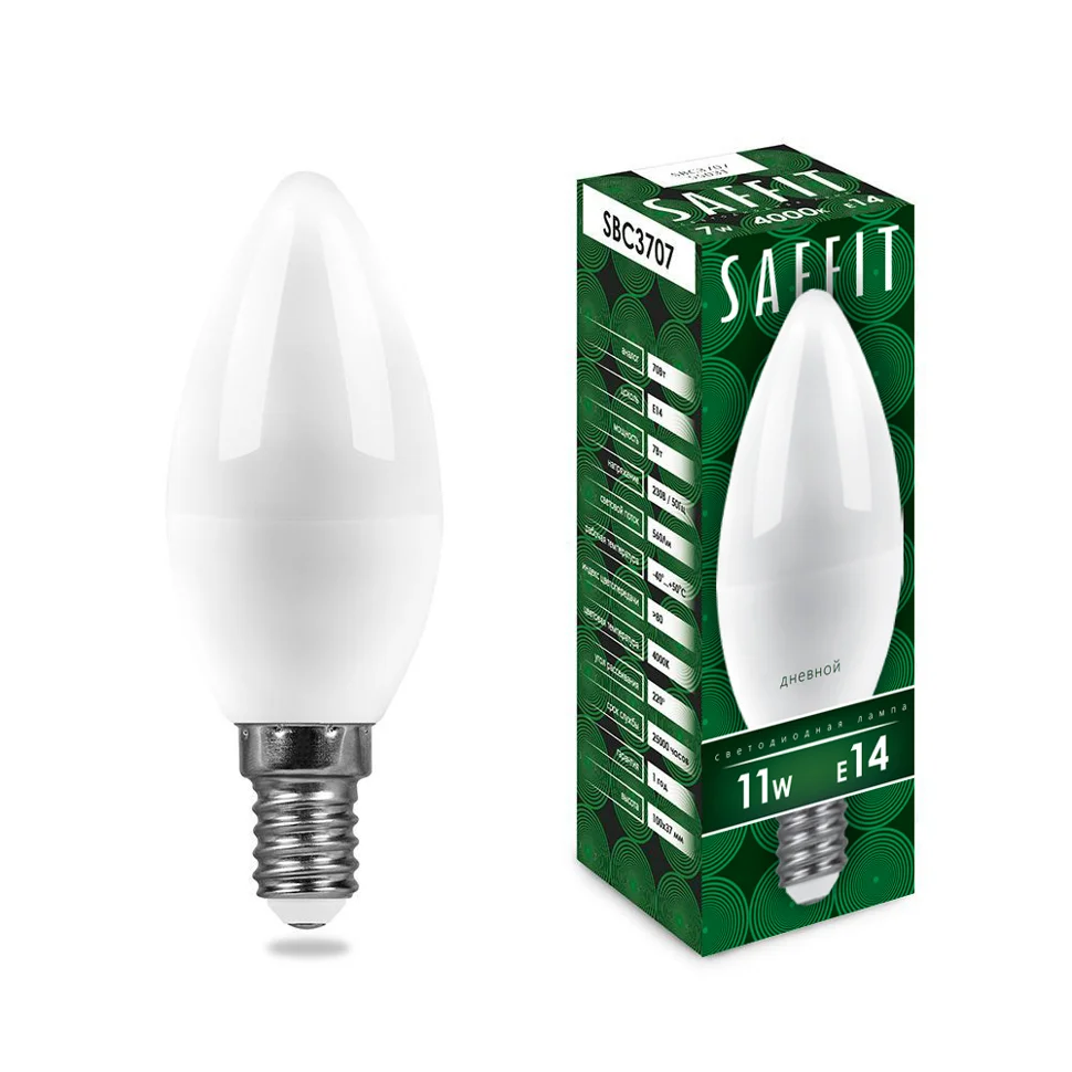 Лампа светодиодная 11W E14 230V 6400K 905Лм (дневной) Свеча (C37) SAFFIT, SBC3711