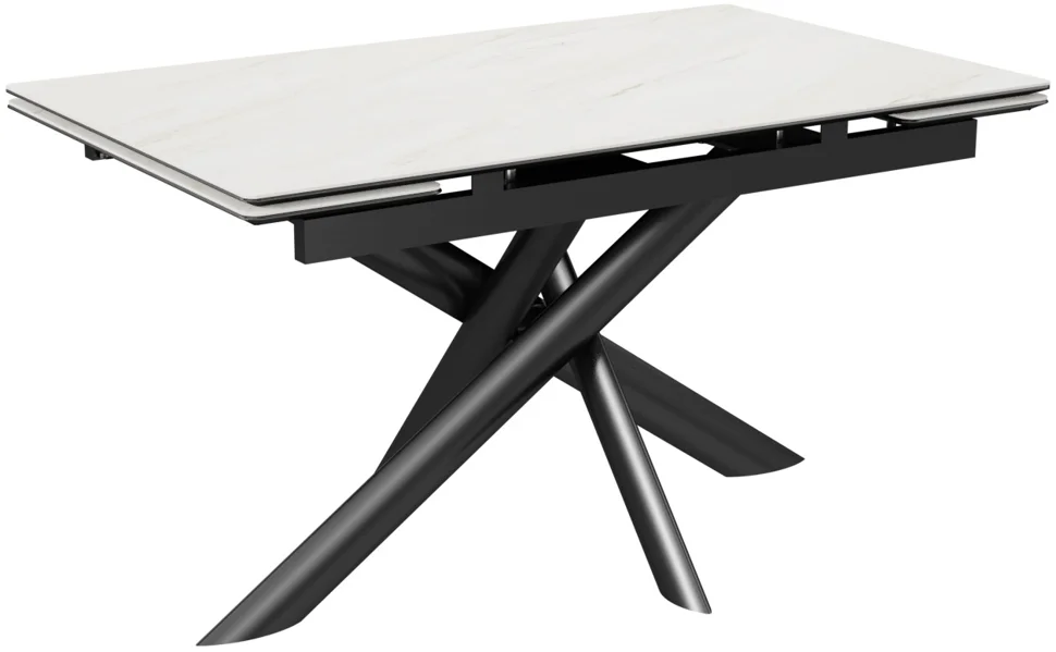 Стол Итали-1С 140х85 (+30+30) (царга Черный/МДФ+PVC Черный/White marble) + Нога №115Е(черный)