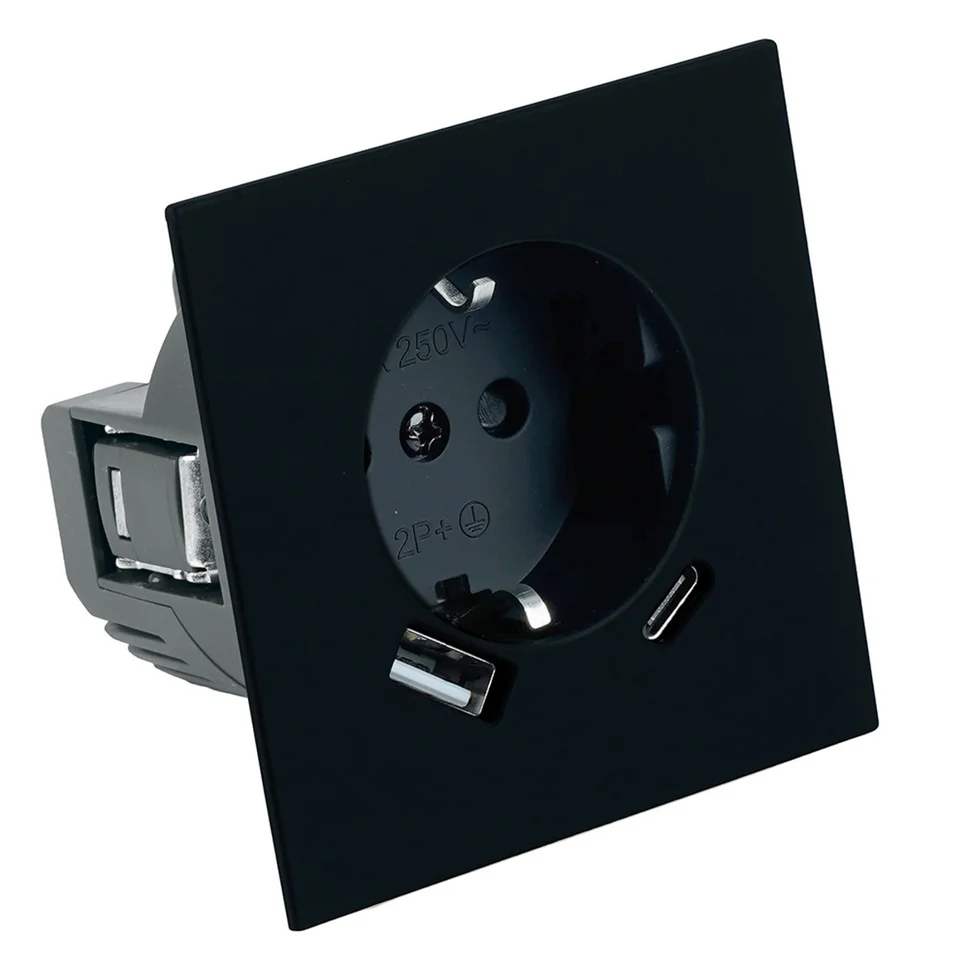 Розетка 1-местная + USB + Type C (механизм) СП STEKKER Мия с защитной шторкой и заземлением, 250В, 16А, RST16-3119-05, черный