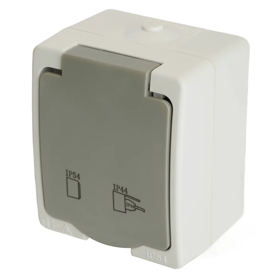 Розетка 1-местная ОП Велена 250В, 16А, IP54 с заземлением и крышкой, белый/серый, арт.PST26-11-54 STEKKER