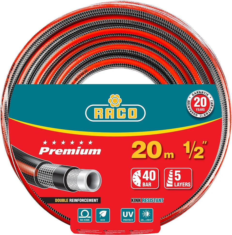 Шланг поливочный ПВХ армированный, 5-ти слойный, RACO PREMIUM 1/2". 20 м, 40 атм, усиленный двумя слоями армирования