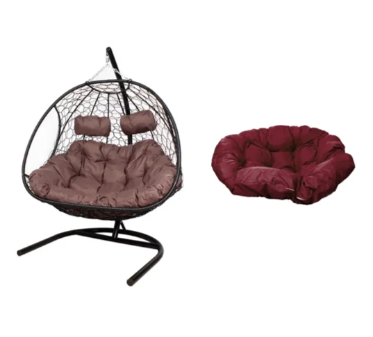 Подвесное кресло ДОБРЫНЯ с ротангом чёрное, бордовая подушка Подвесное кресло ДОБРЫНЯ с ротангом чёрное, бордовая подушка