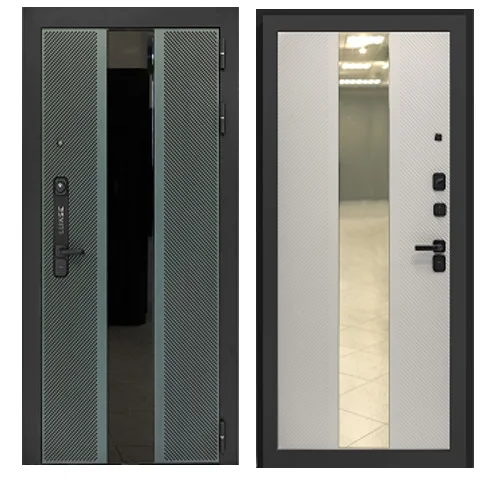 Дверь мет. ДВЕРИ ГУД Lukse-506 860х2050 "Пр" Черный муар, Vellutto Verde, патина черная, стекло /Белый матовый, зеркало