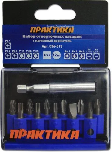 Набор бит 12шт PH 3шт PZ 3шт Torx 3шт LS 2шт x 25мм держатель, кассета, "Профи" ПРАКТИКА