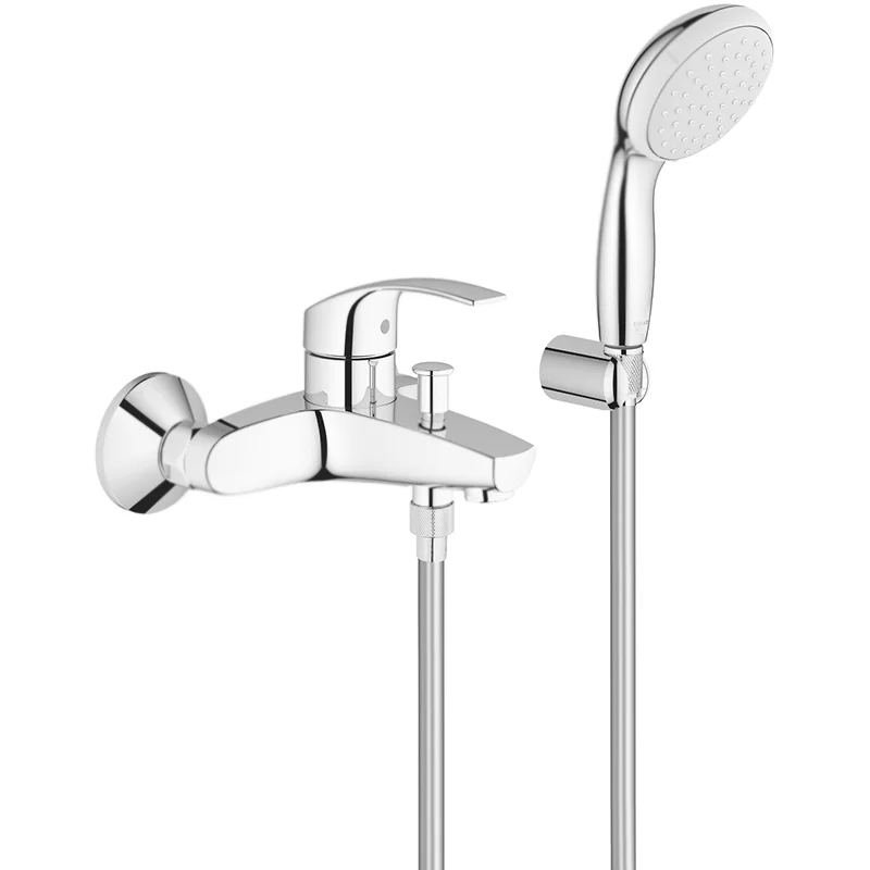 Смеситель GROHE EUROSMART для ванны, настенный,однорычажный, ручной душ,держатель шланг (хром)