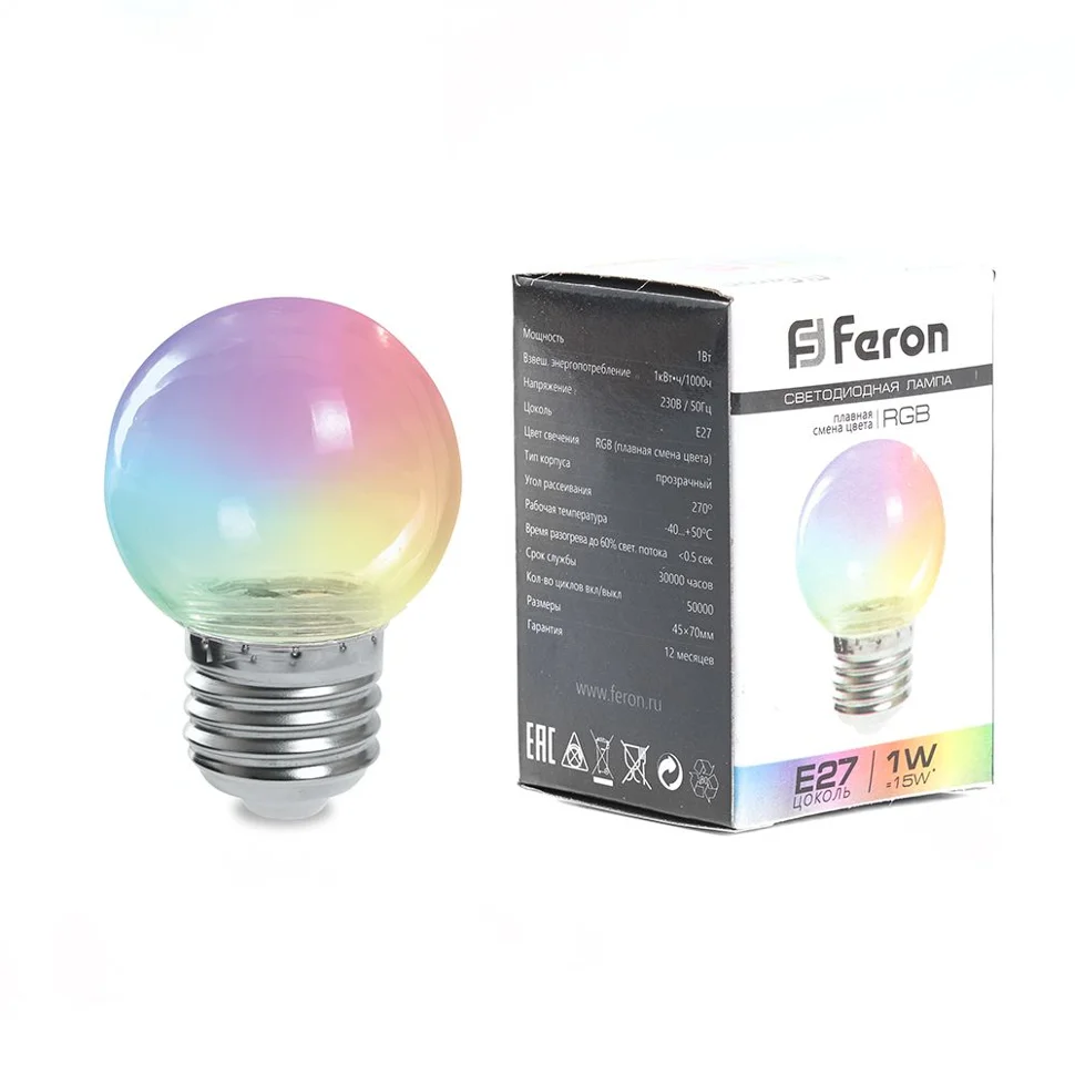 Лампа светодиодная 1W E27 230V RGB 80Лм (плавная смена цвета) Шарик прозрачный (G45) Feron, LB-37