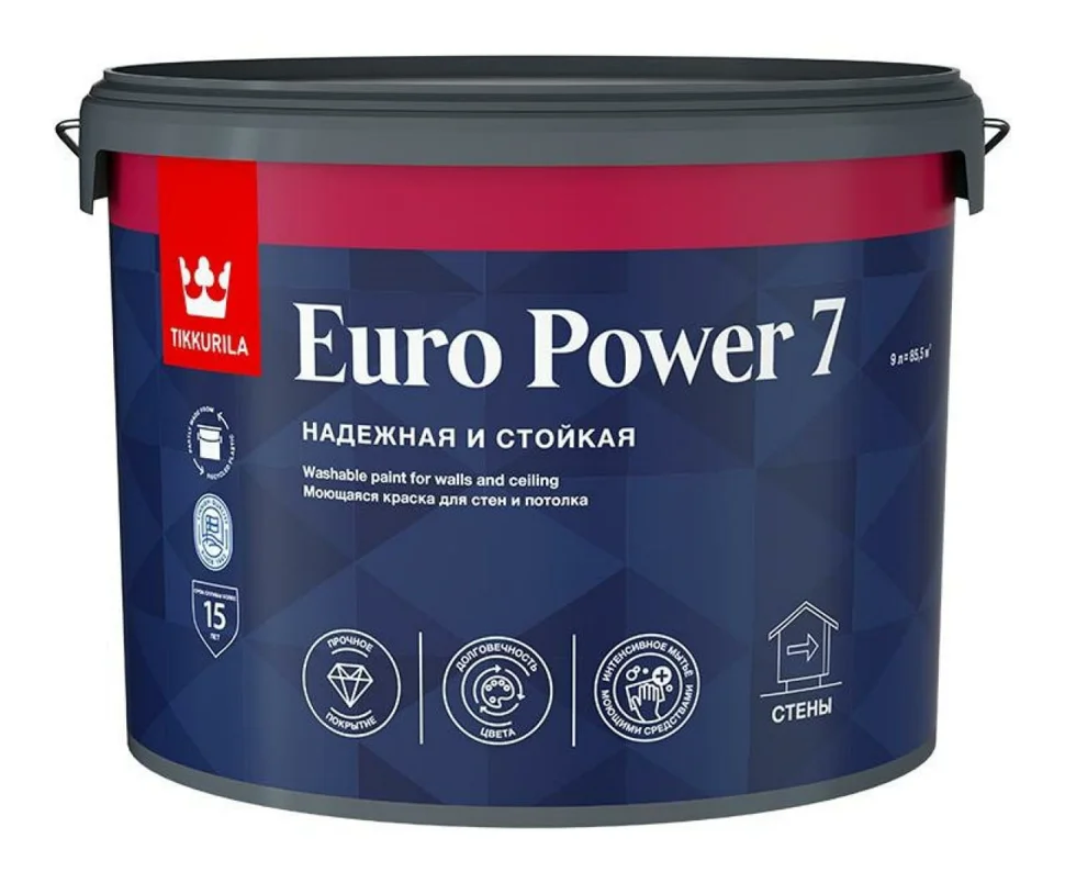 Краска ВД интерьерная моющаяся матовая Tikkurila EURO POWER 7 База А 9л