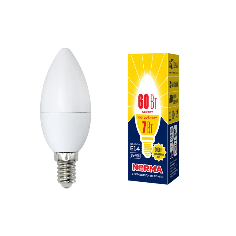 Лампа светодиодная 7W E14 220V 3000К WW (теплый белый) Свеча матовый (C37) Volpe Norma
