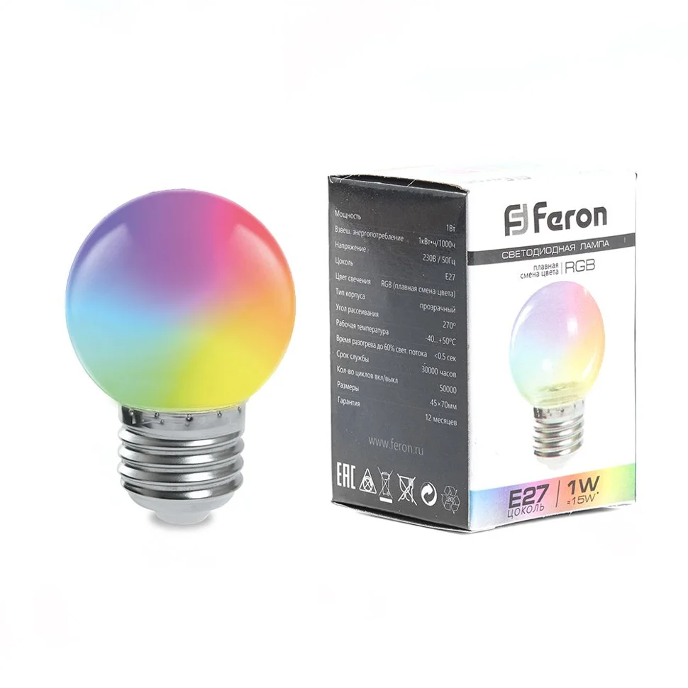 Лампа светодиодная 1W E27 230V RGB 80Лм (быстрая смена цвета) Шарик матовый (G45) Feron, LB-37