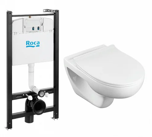 Унитаз подвесной ROCA Victoria Rimless с инсталляцией, сиденьем, с панелью смыва Active PL 62 B хром глянцевый