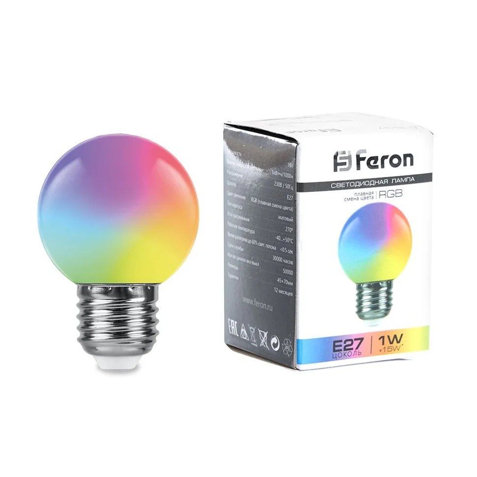 Лампа светодиодная 1W E27 230V RGB 80Лм (плавная смена цвета) Шарик матовый (G45) Feron, LB-37