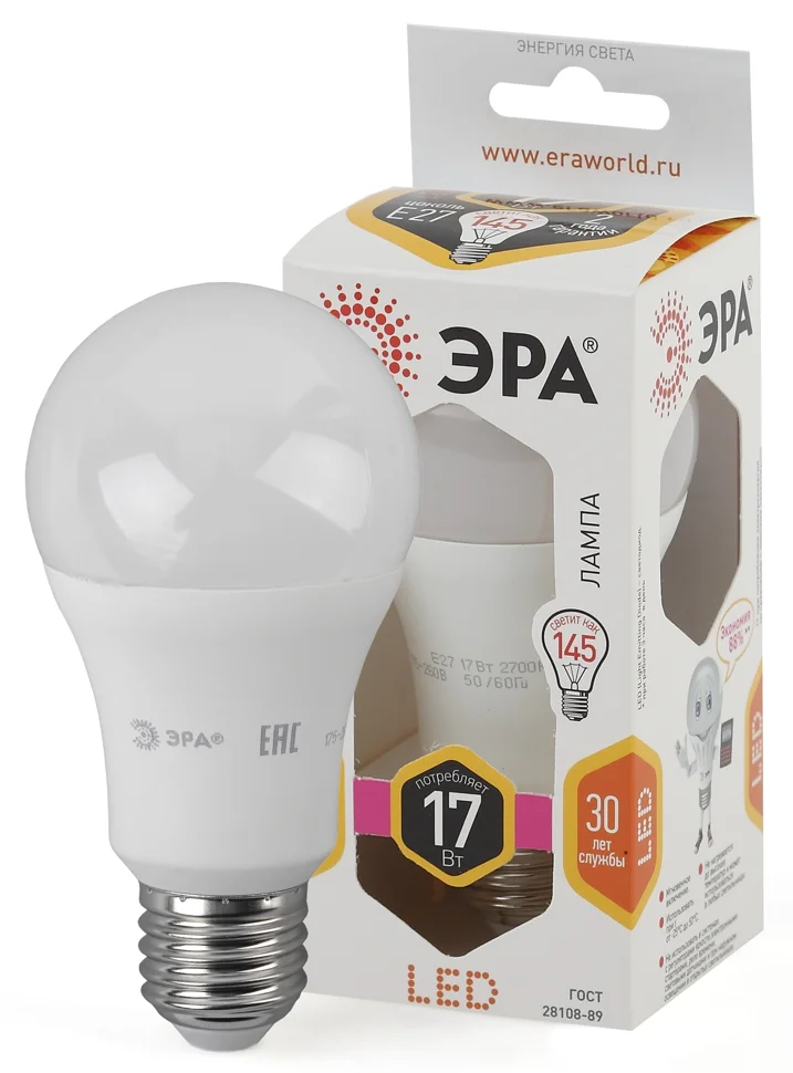 Лампа светодиодная 17W E27 220V 2700K 1360Лм (желтый) Шар ЭРА, LED A60-17W-827-E27