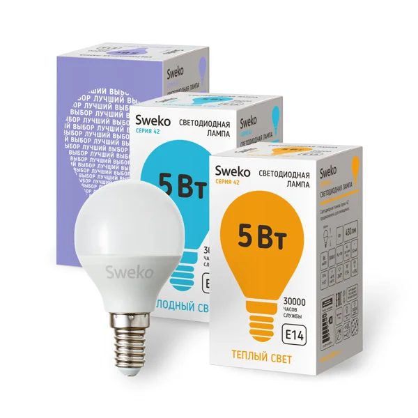 Лампа светодиодная 5Вт E14 220В 6500K 450Лм (холодный) Шарик (G45) Sweko 42 серия 42LED-G45-5W-230-6500K-E14-P Лампа светодиодная 5Вт E14 220В 6500K 450Лм (холодный) Шарик (G45) Sweko 42 серия 42LED-G45-5W-230-6500K-E14-P