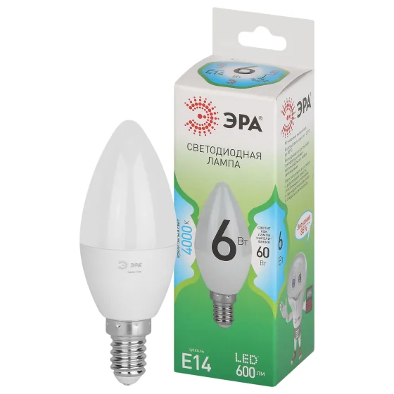 Лампа светодиодная 6W E14 220V 3000К 600Лм (белый) Свеча (B35) ЭРА, GREEN LINE LED B35-6W-840-E14 GL