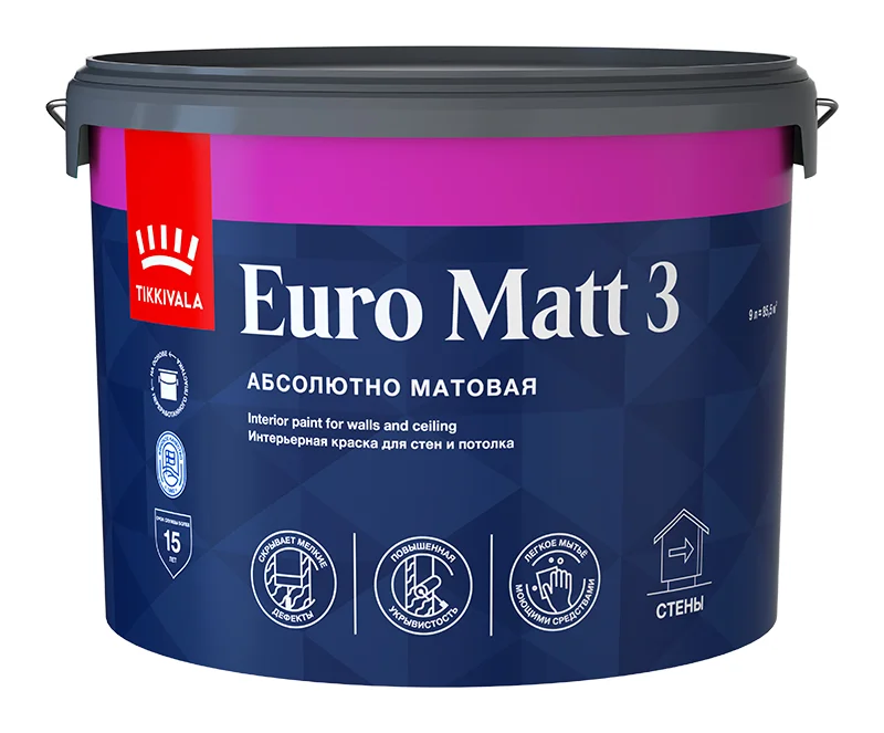 Краска ВД интерьерная глубокоматовая Tikkivala (Tikkurila) EURO MATT 3 База A 9л