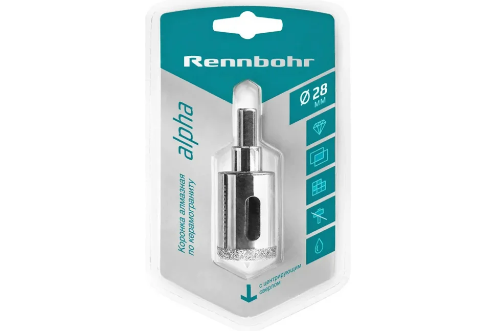 Коронка алмазная по керамограниту и керамике D=28мм, с центрирующим сверлом, RENNBOHR Коронка алмазная по керамограниту и керамике D=28мм, с центрирующим сверлом, RENNBOHR