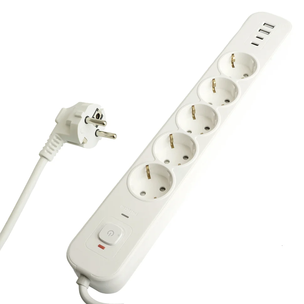Фильтр сетевой с заземлением 5 гнезд 1,8 метра 3x1мм2, 250В, 16А, 2 USB-A+2 Type-C, HM21-51-02, белый STEKKER Nova