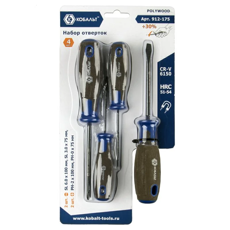 Набор отверток 4 предмета КОБАЛЬТ, POLYWOOD, CR-V, древесно-полимерная рукоятки, подвес Набор отверток 4 предмета КОБАЛЬТ, POLYWOOD, CR-V, древесно-полимерная рукоятки, подвес